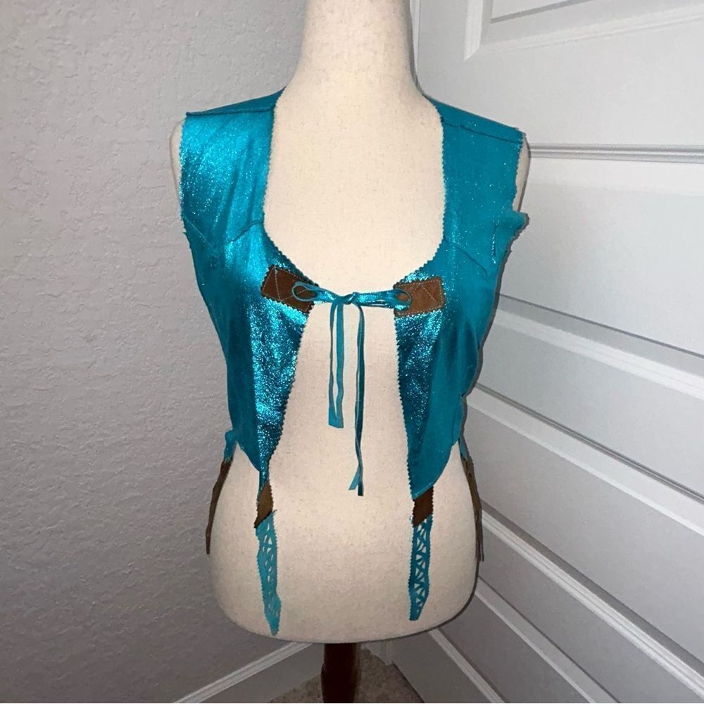 Vintage Legatte Jeans Metallic Leather Tie Front Decorative Vest